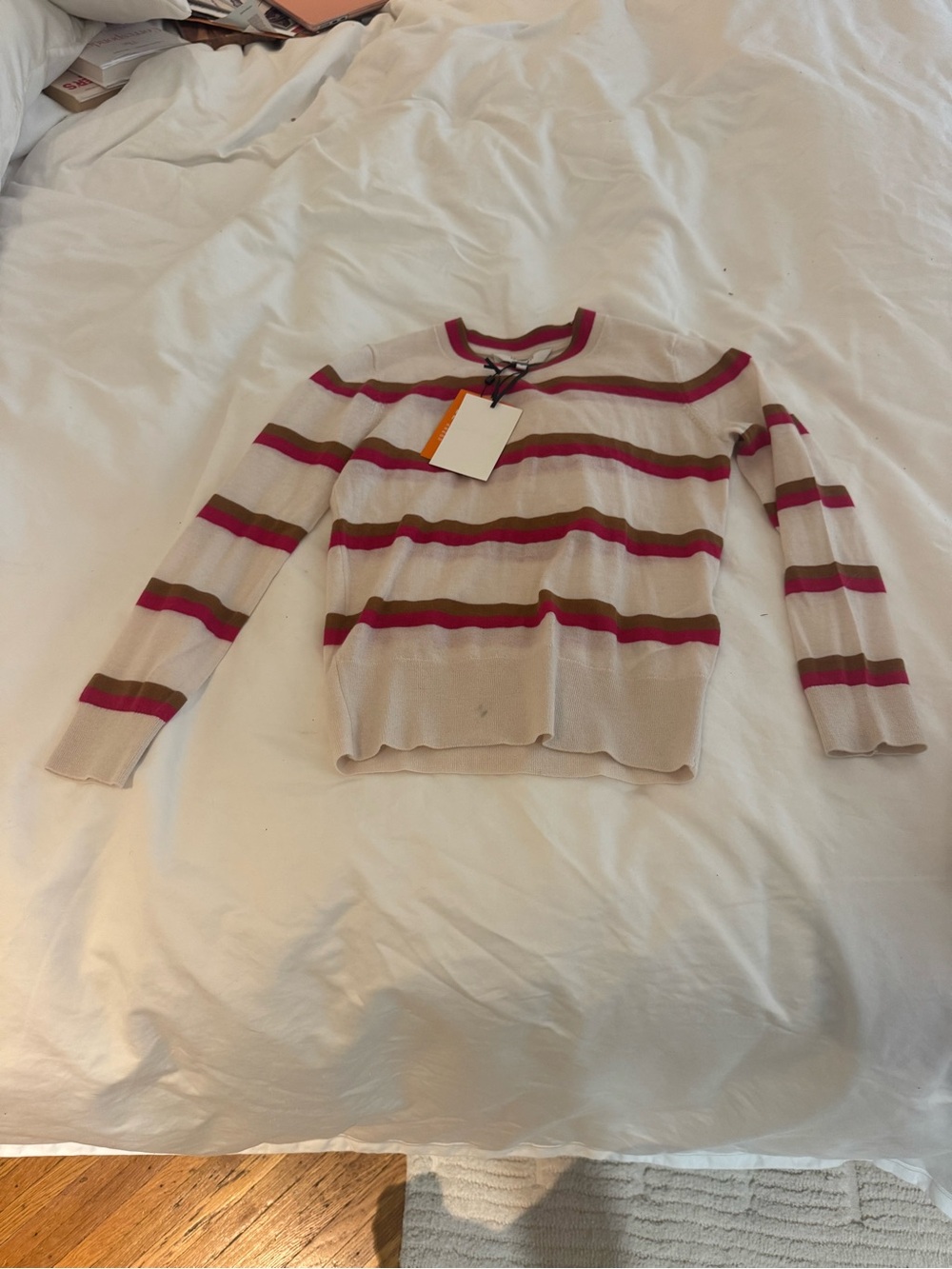 LK Bennett Beige Crewneck Sweater with Pink and Olive Stripes